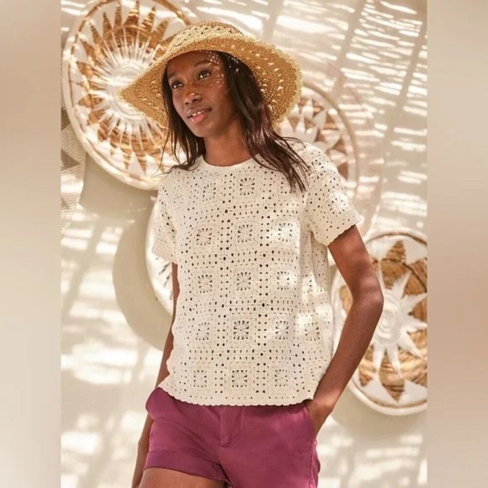 NEW Fat Face Patchwork Crochet Cream Short Sleeve Top Size 14 - Picture 2 of 14